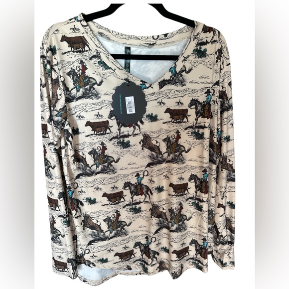 Sterling Kreek Tops - STERLING KREEK- Western Print V-Neck Long Sleeve Tee — Cream